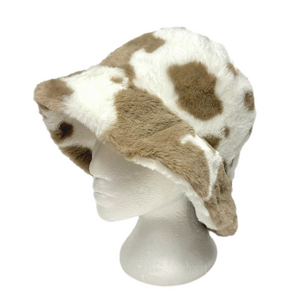 Faux-fur cow print bucket hat